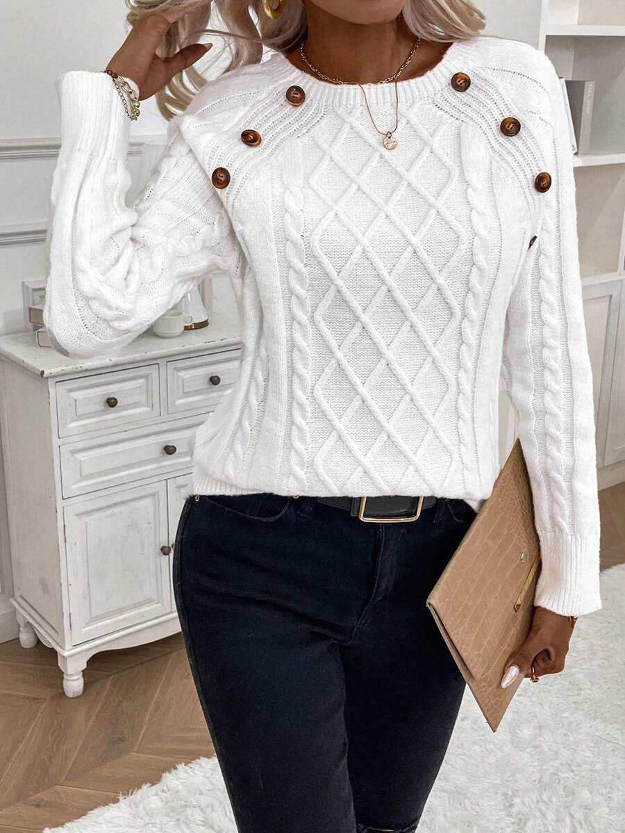 Clara | Button-Detail Cable Knit Jumper