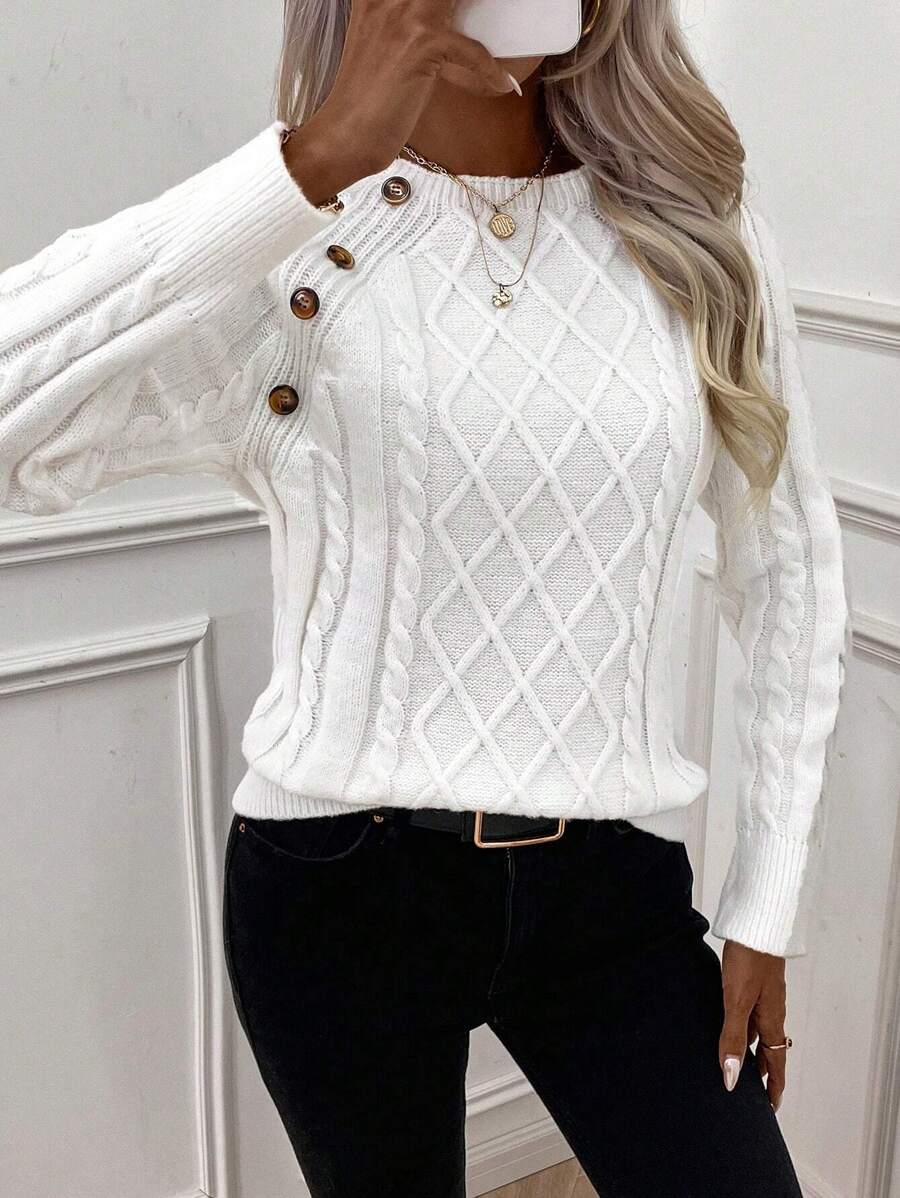 Clara | Button-Detail Cable Knit Jumper