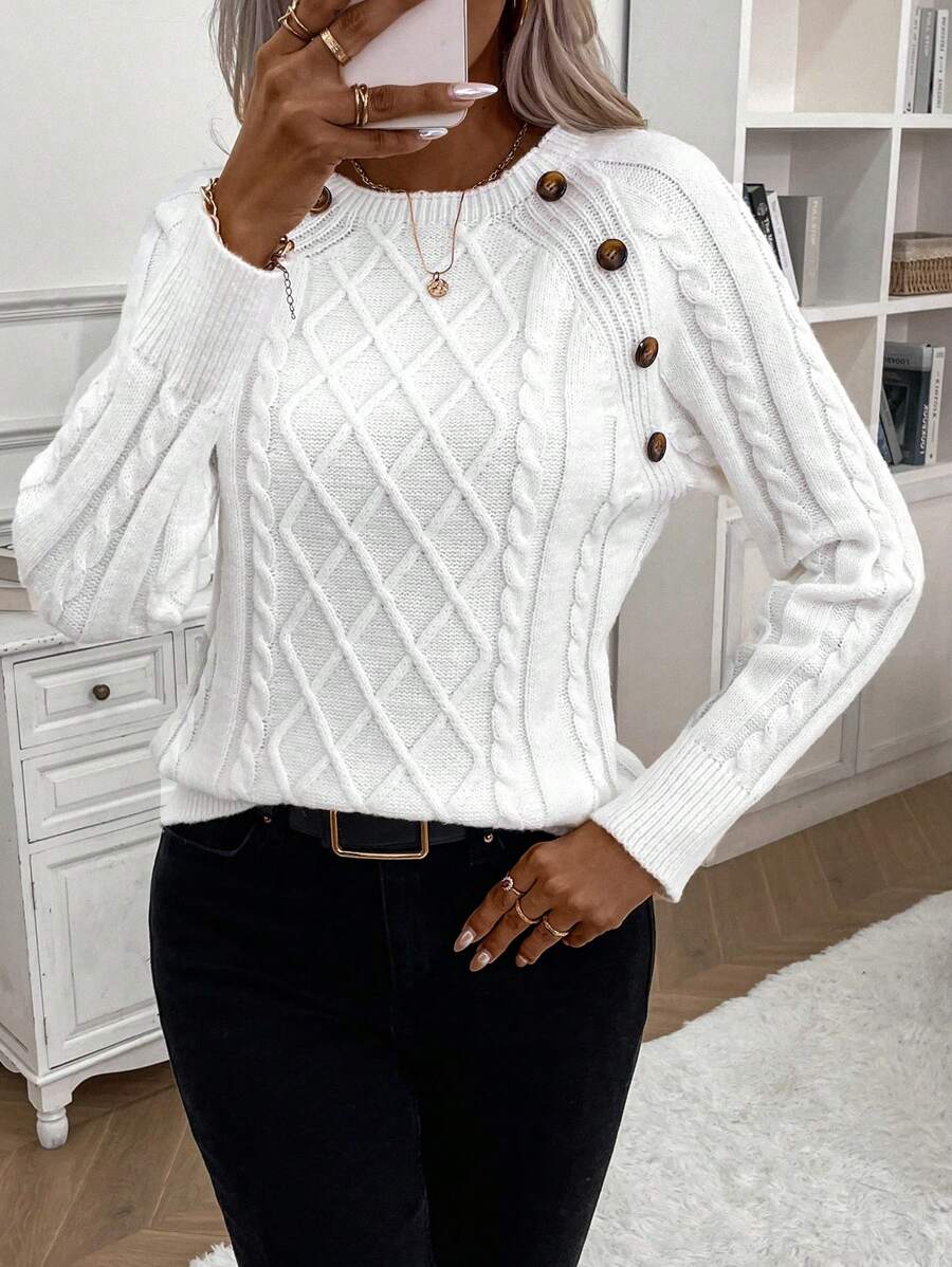 Clara | Button-Detail Cable Knit Jumper