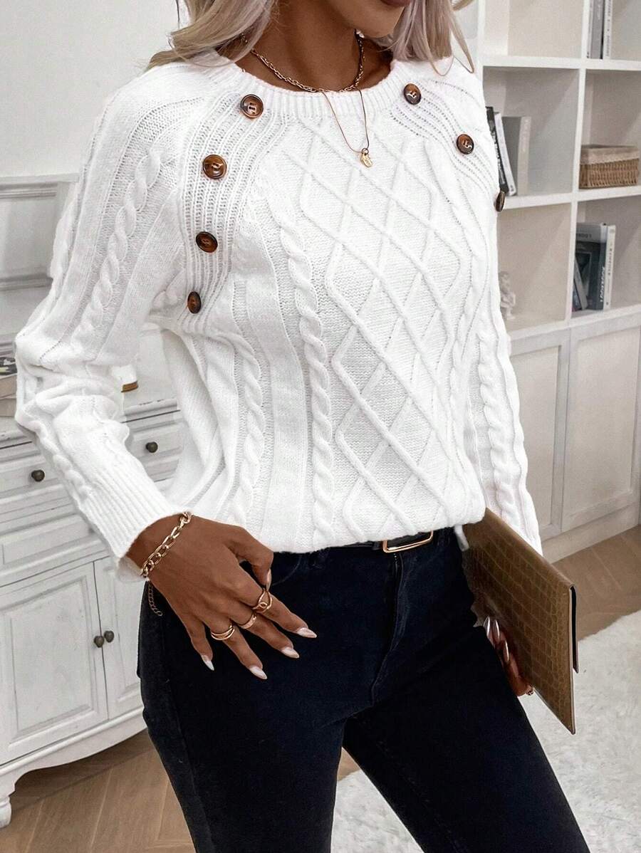 Clara | Button-Detail Cable Knit Jumper