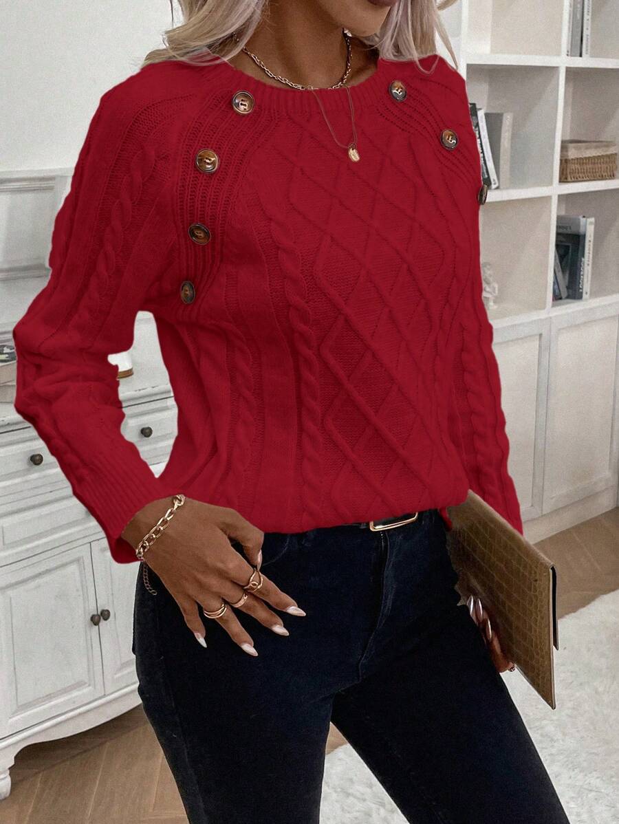 Clara | Button-Detail Cable Knit Jumper
