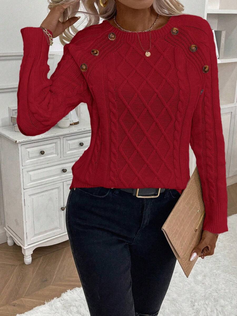 Clara | Button-Detail Cable Knit Jumper