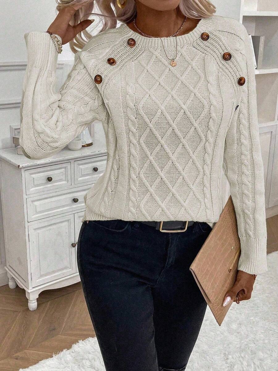 Clara | Button-Detail Cable Knit Jumper