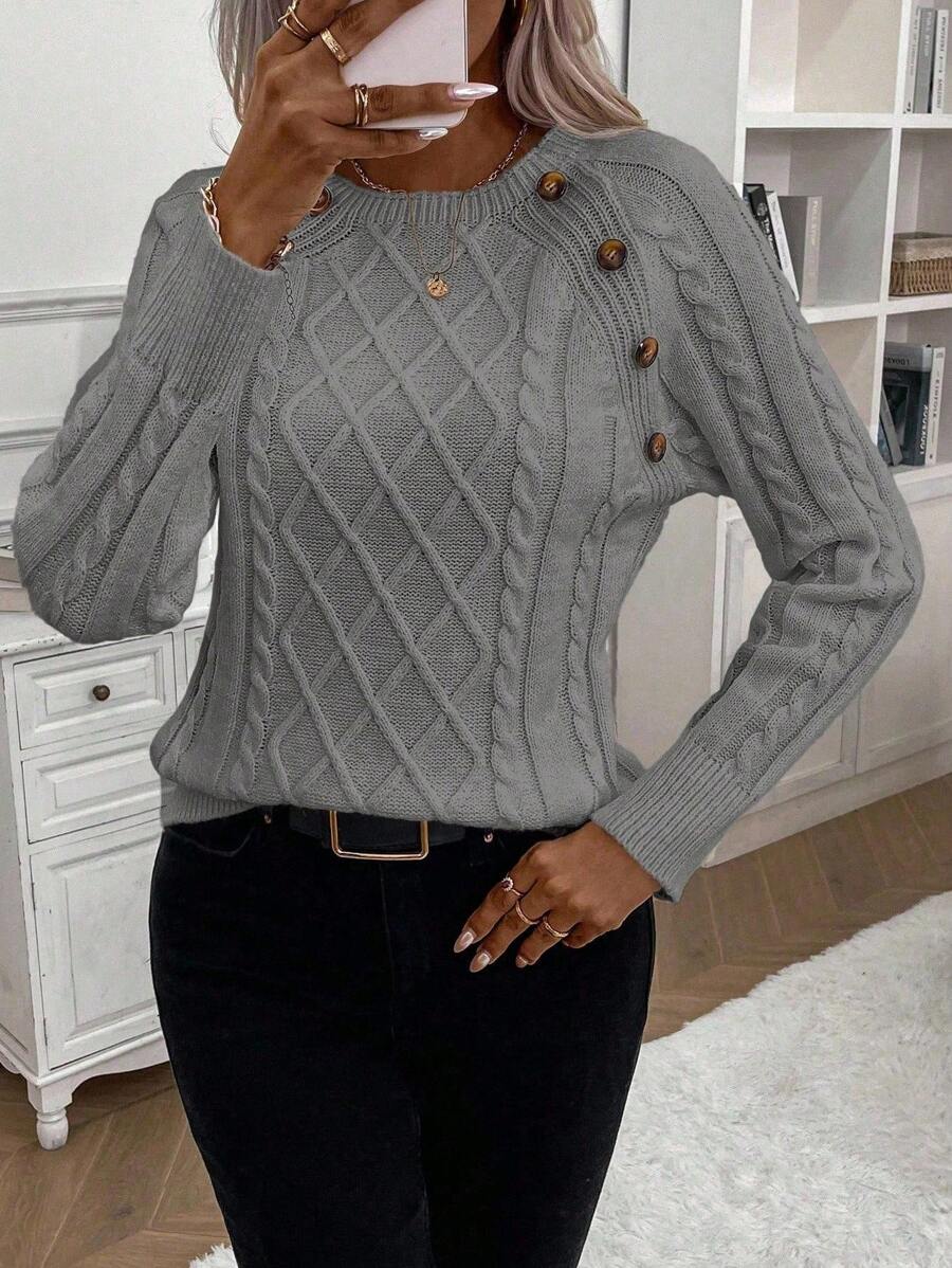 Clara | Button-Detail Cable Knit Jumper