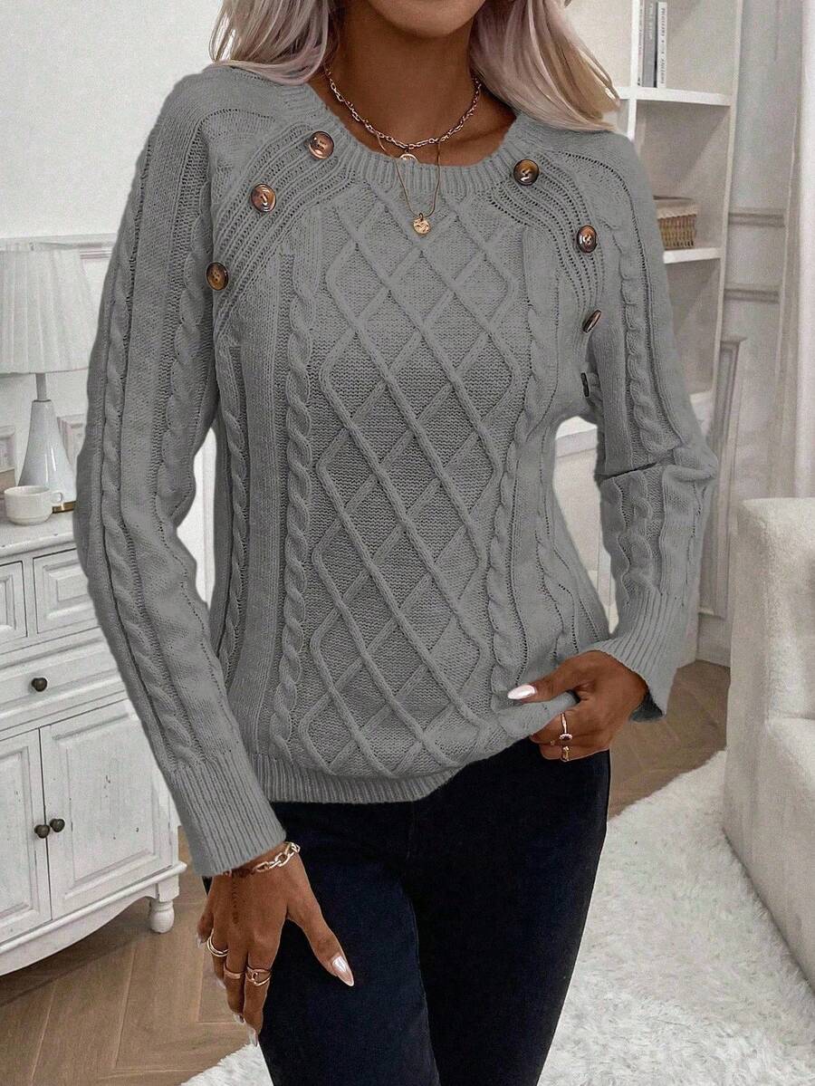 Clara | Button-Detail Cable Knit Jumper
