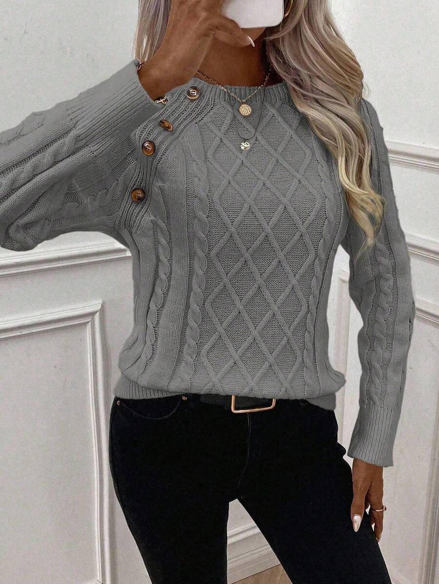 Clara | Button-Detail Cable Knit Jumper