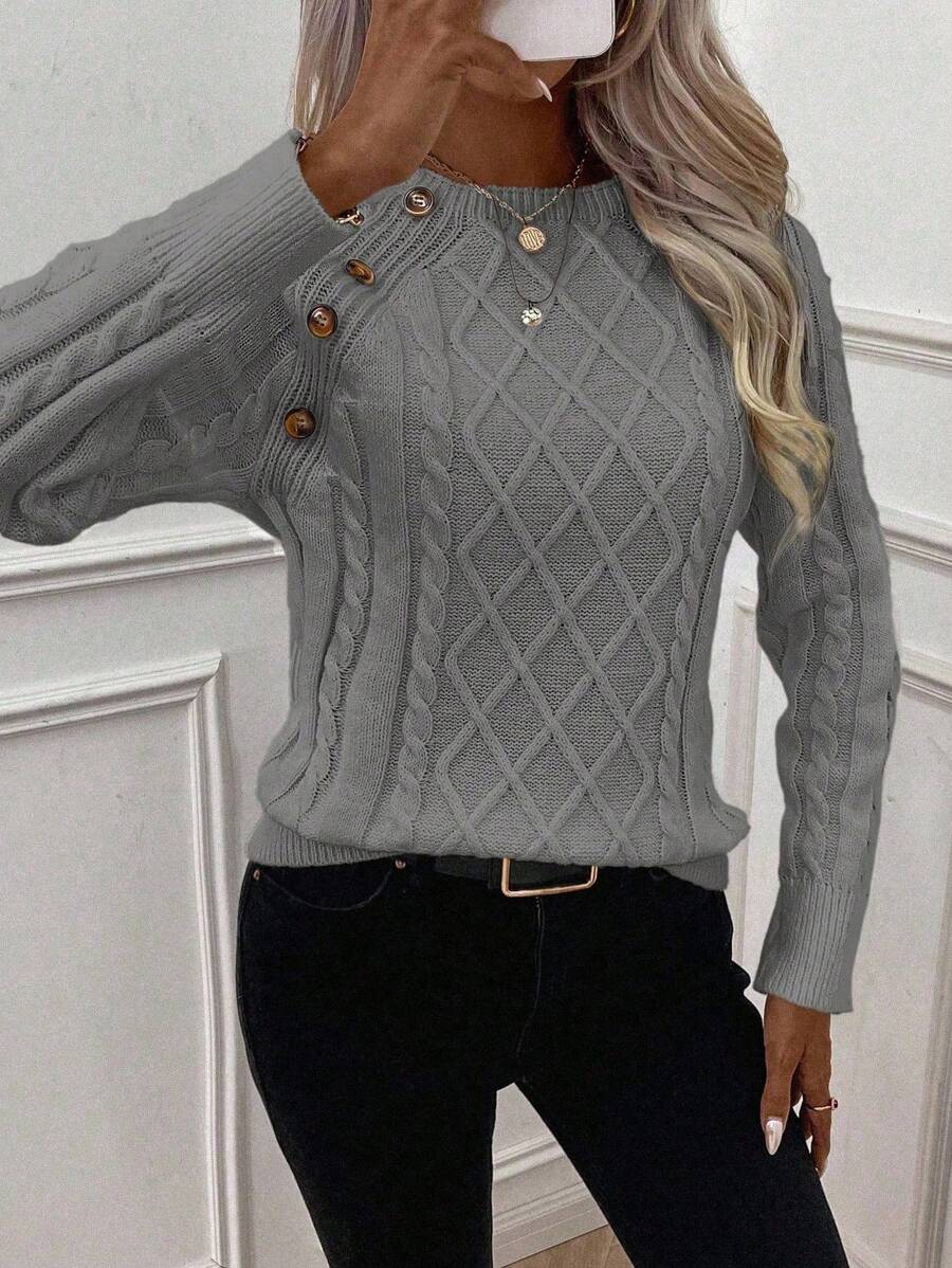 Clara | Button-Detail Cable Knit Jumper