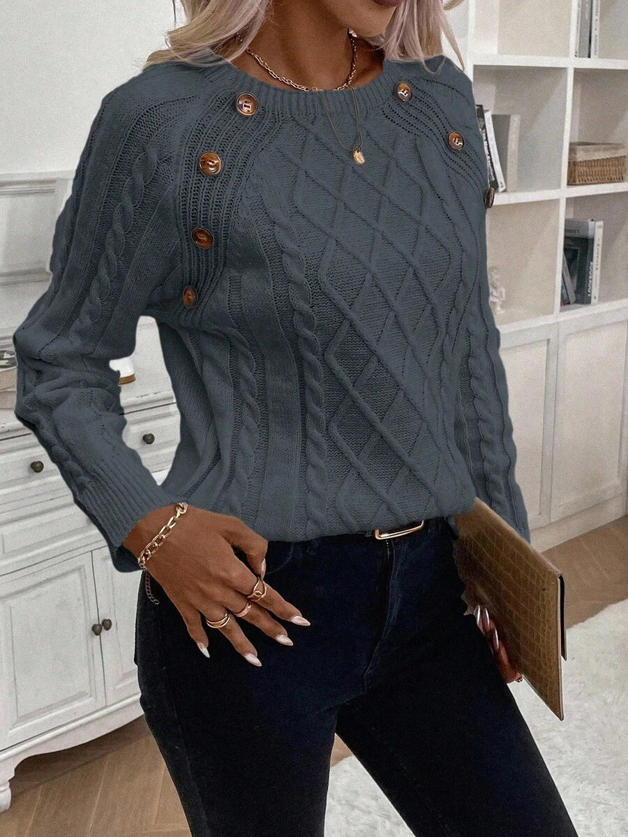 Clara | Button-Detail Cable Knit Jumper