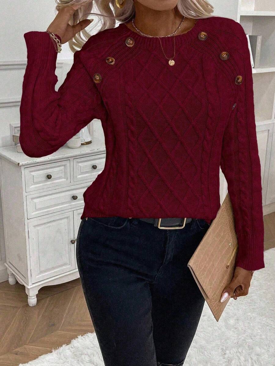 Clara | Button-Detail Cable Knit Jumper