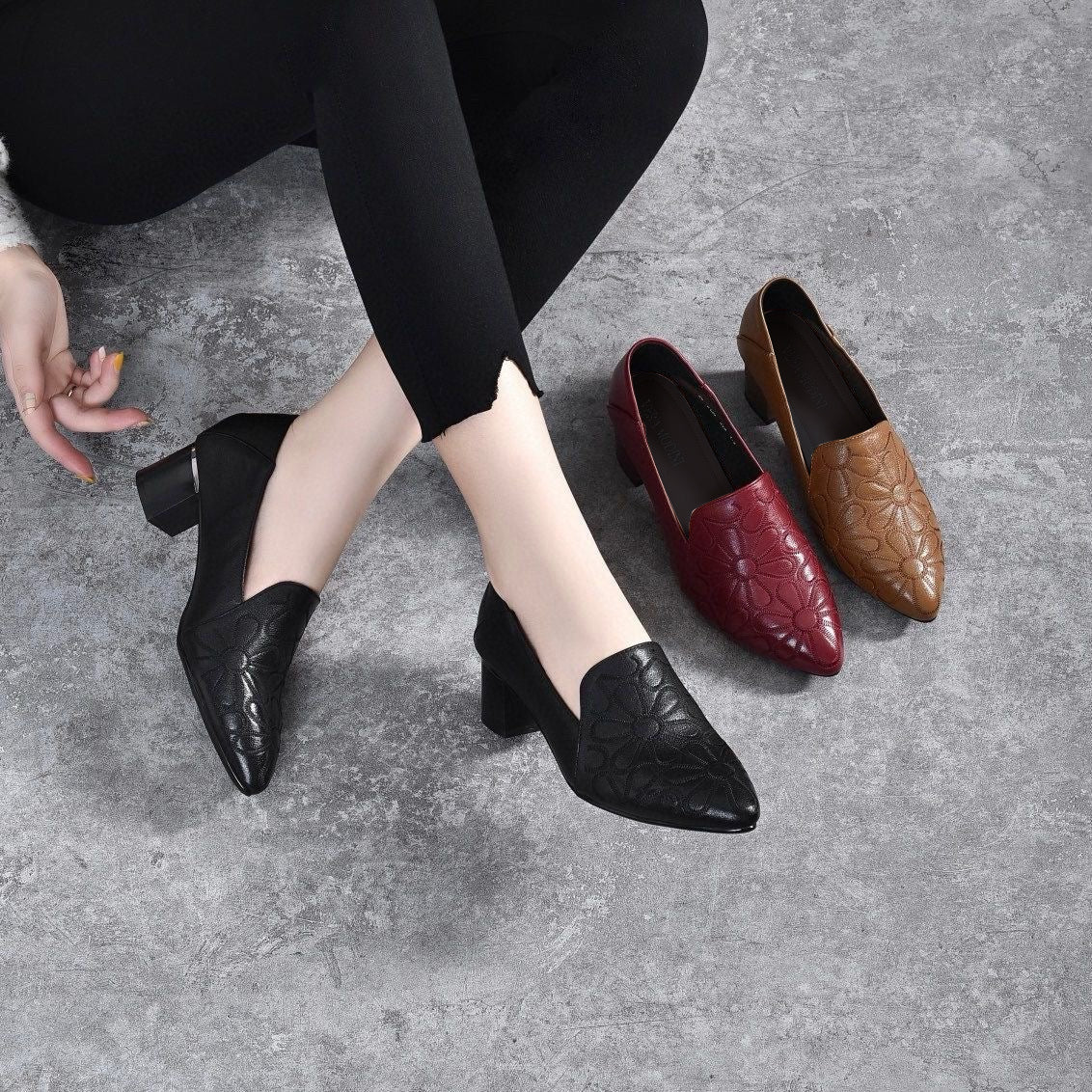 Tonette | Soft Vegan Leather Embroidered Pumps