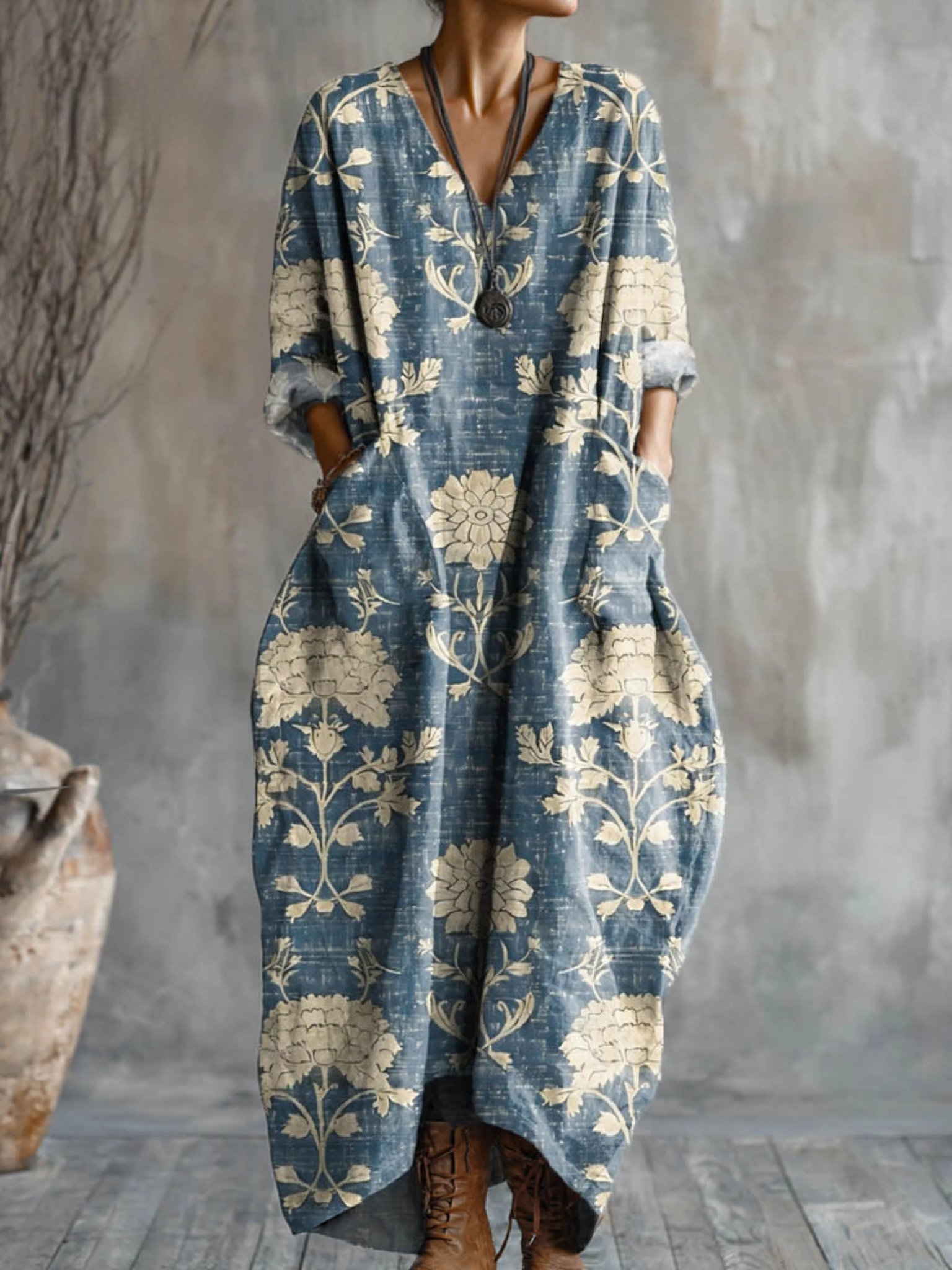 Women's Vintage Floral Pattern Art Print Pocket V-neck Cotton Dress