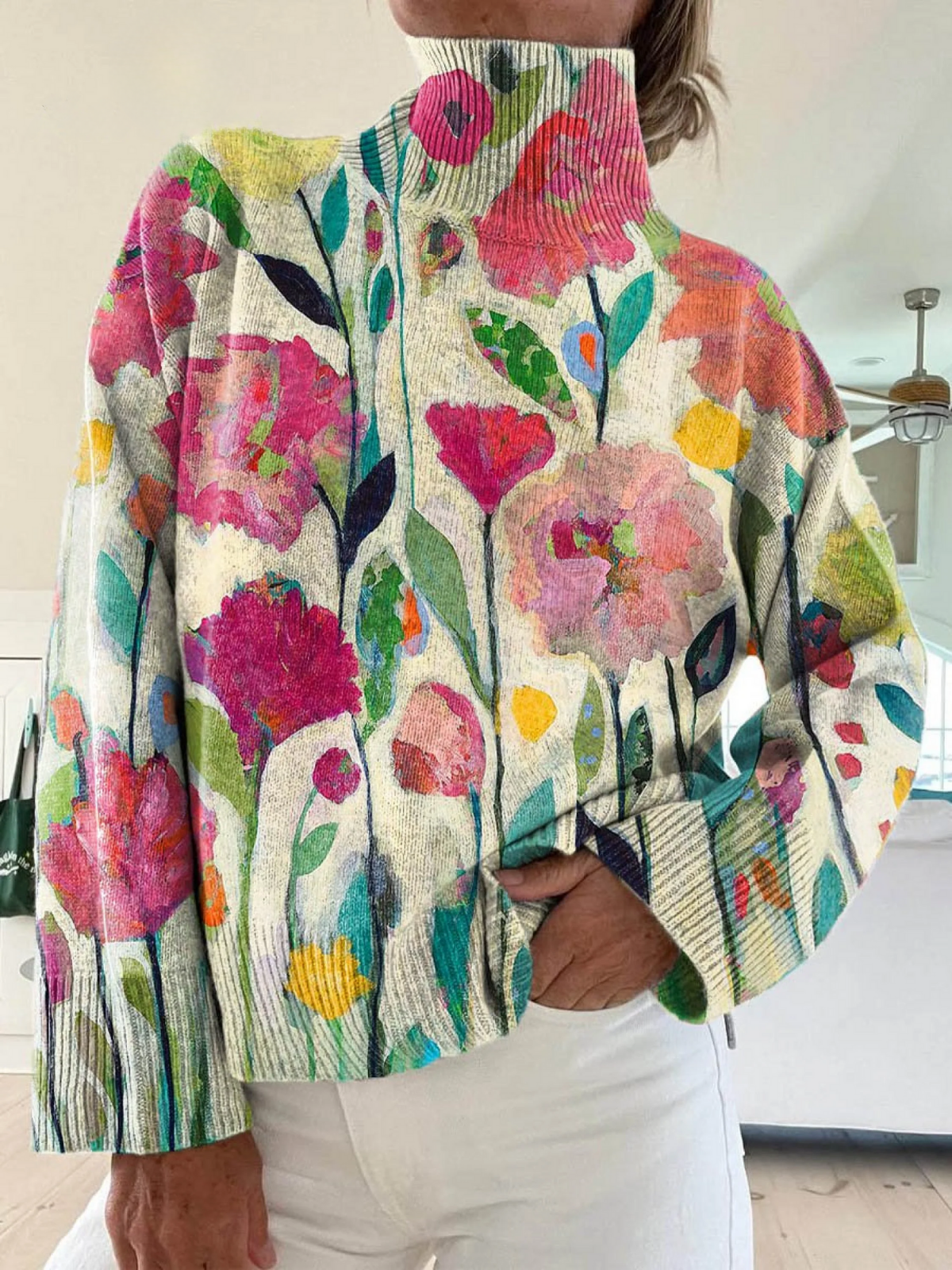 Darlene | Vintage floral art print turtleneck sweater