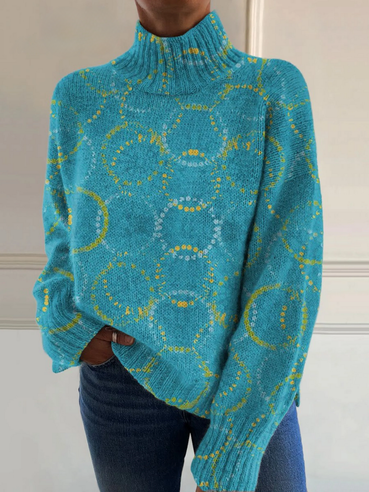 Dolores | Bright circular art print turtleneck sweater
