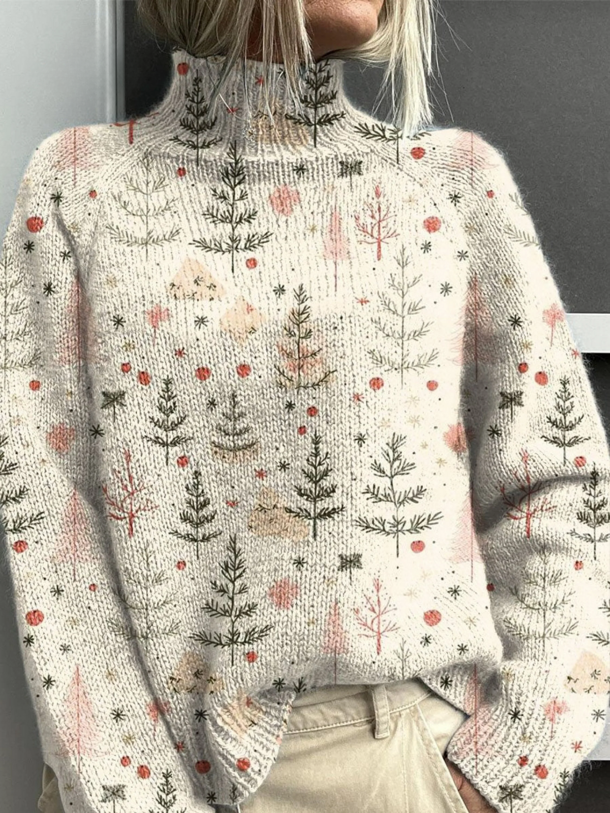 Eileen | Christmas tree art print turtleneck sweater