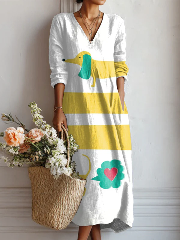 Women's Vintage Dachshund Art Print Linen Pocket Dress