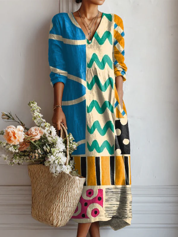 Women's Vintage Abstract Geometry Art Print Linen Pocket Dress